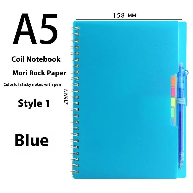 Erasable coil notebook with waterproof stone paper and erasable pen on desk
