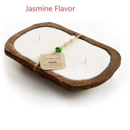 Retro wooden basin container with a triple-wick soy aromatherapy candle in lavender scent