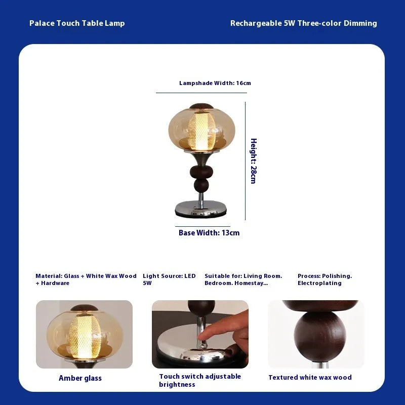 Solid wood retro palace table lamp with touch control and three-colour variable lighting