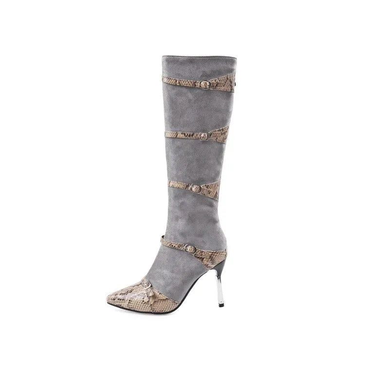 Grey knee-high women's boots with a thin 9cm high heel on a rubber sole.