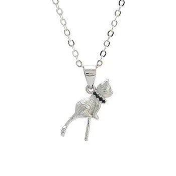 Close-up of a sterling silver cat silhouette pendant on a clavicle-length chain.