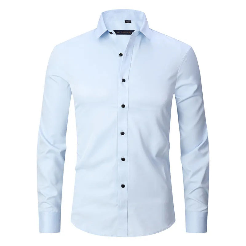 Men's long sleeve stretch work shirt in polyester fabric on a hanger.