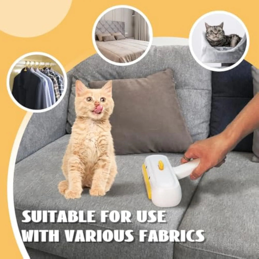 White portable pet hair remover tool with yellow duck cartoon design and polyester bristles