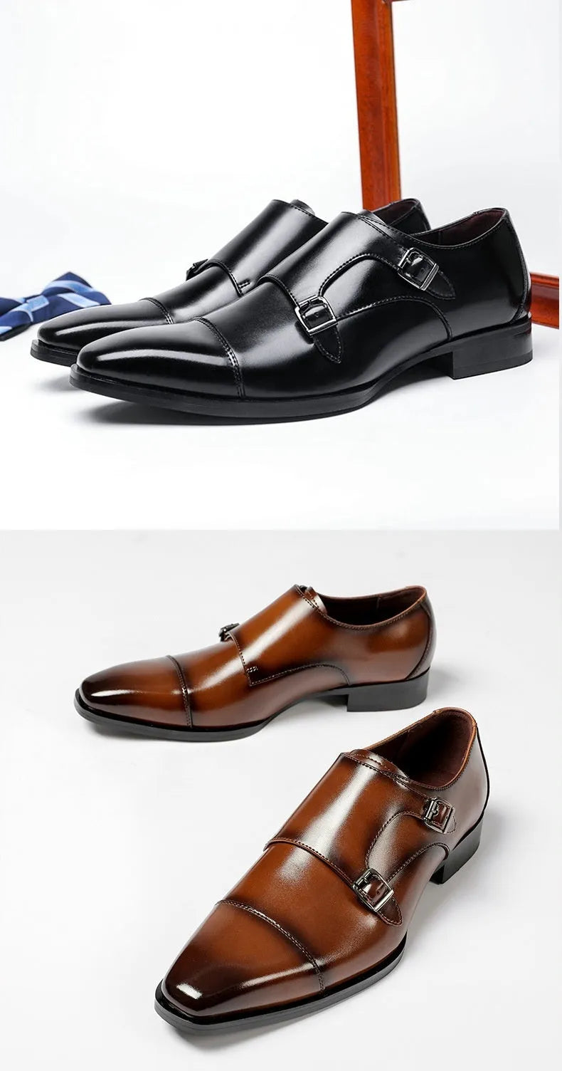 Men's British style leather business shoes with square toe design in black and light brown options