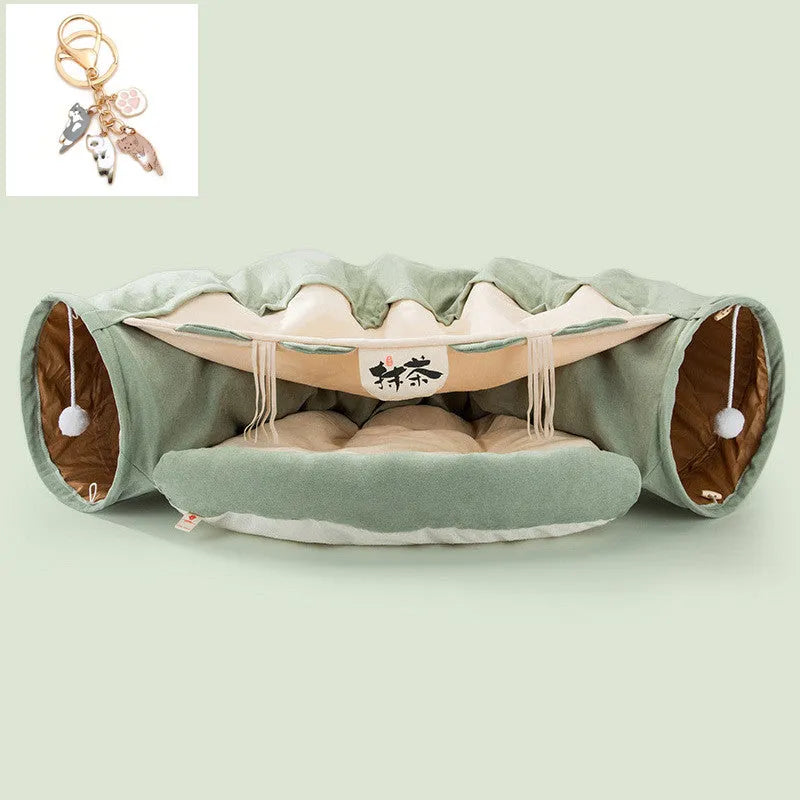 Collapsible cloth cat tunnel shown in one of four colours: Bar, Coffee, Matcha, or Pink