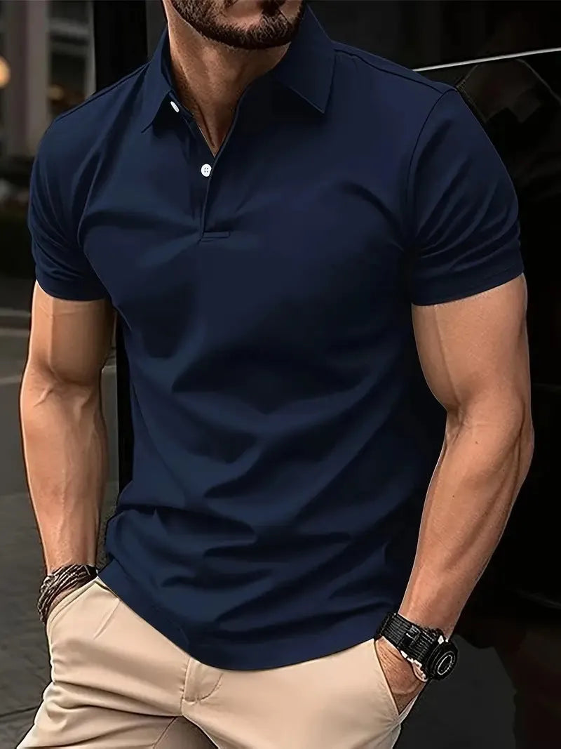 Men's solid colour slim fit short sleeve casual shirt with button front on a hanger.