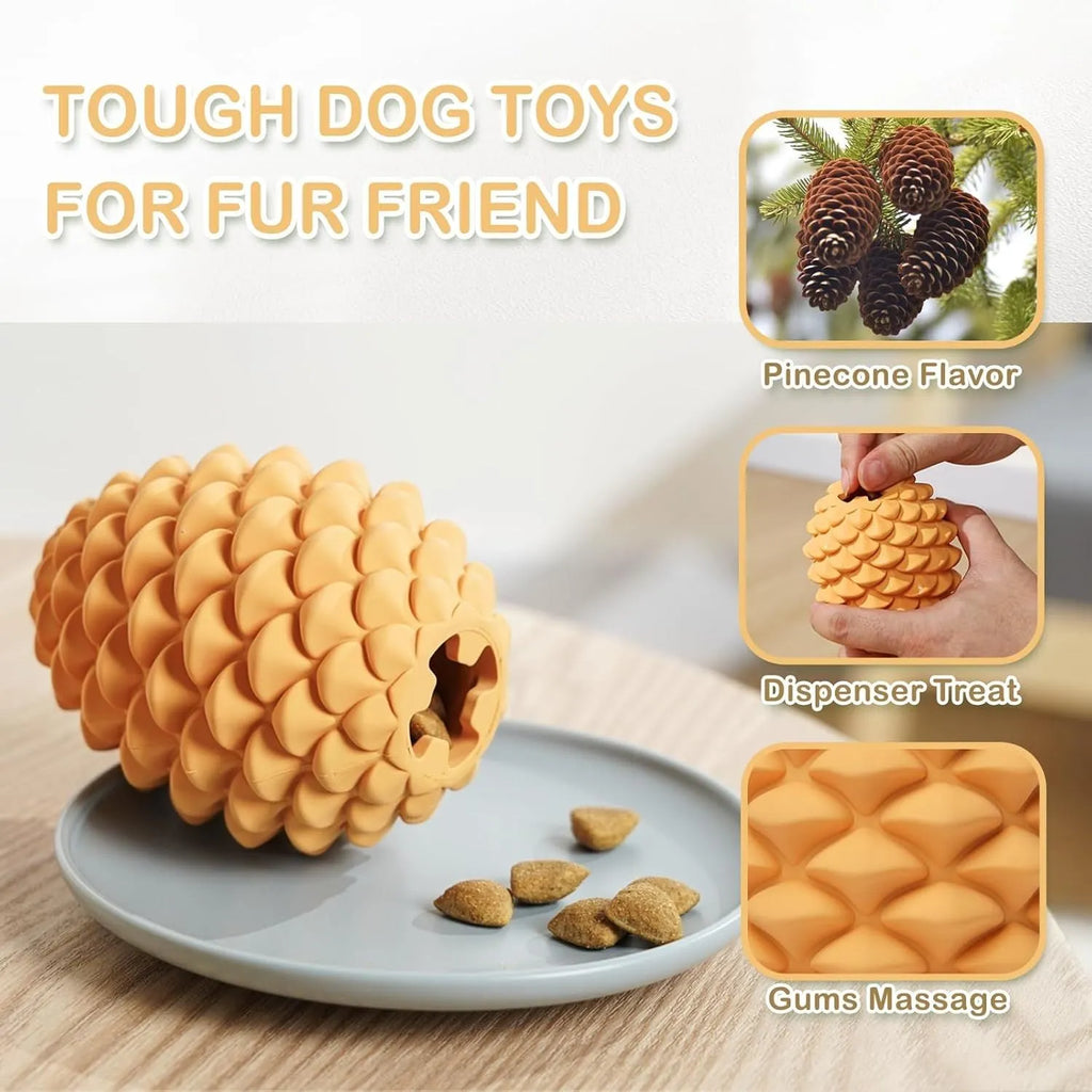 Yellow natural rubber pine cone-shaped dog chew toy with treat dispenser hole.
