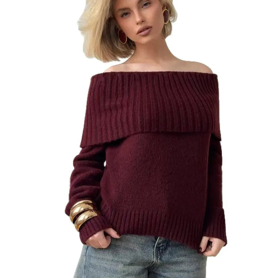 Off-the-shoulder grey acrylic sweater with 3D pattern effect and strapless design