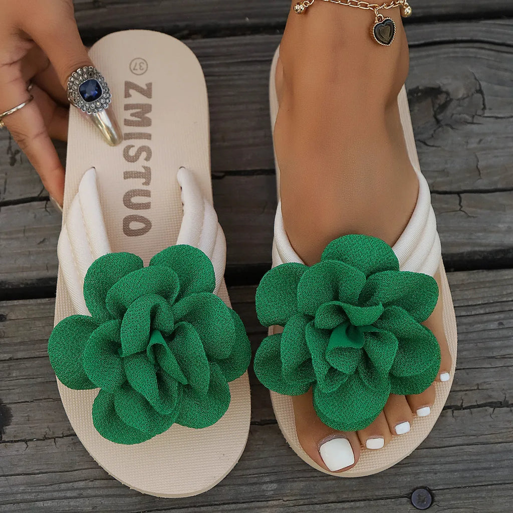 Plus size green PU slipper with round toe holder and flower strap, shown next to rose red and beige colour options.