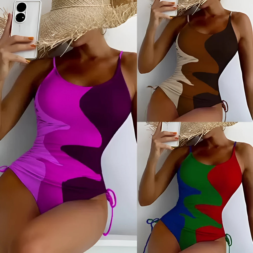 Women's sleeveless one-piece swimsuit in blue with backless design and striped pattern