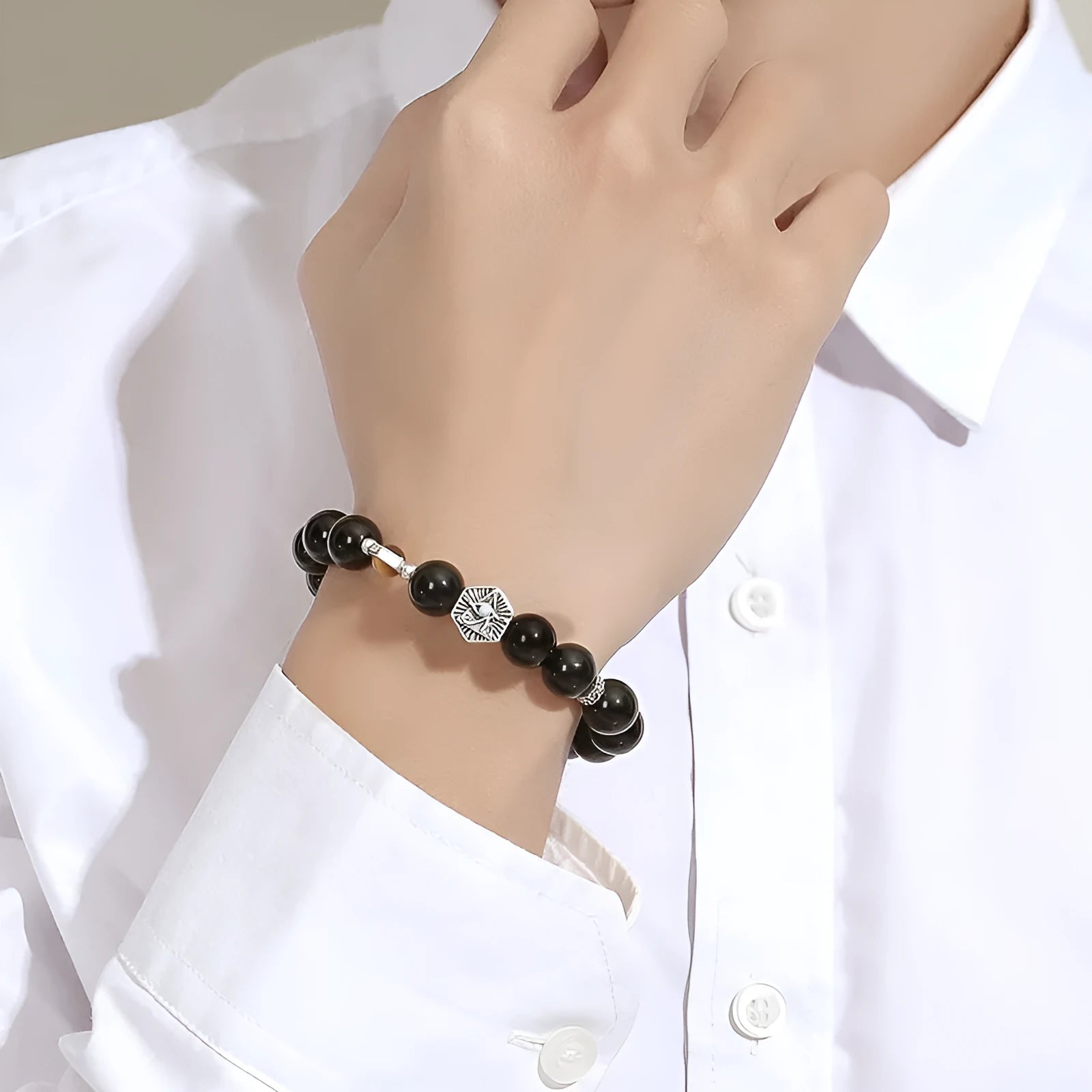 Men's retro God's Eye bracelet with 8mm obsidian inlay set in a sterling silver S925 band.