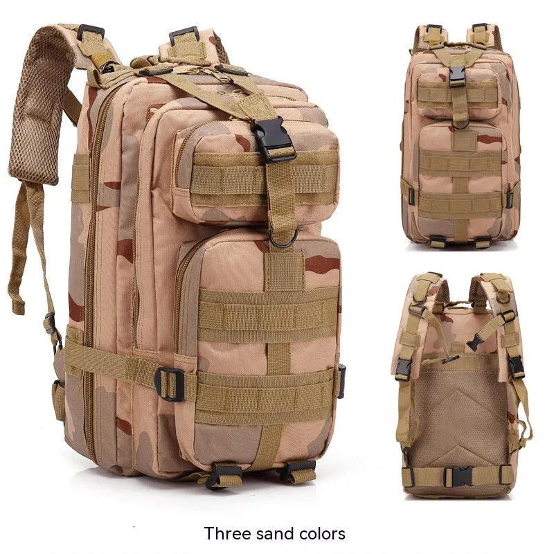 Large khaki hiking backpack with air pillow belt system for off-road mountaineering and outdoor sports