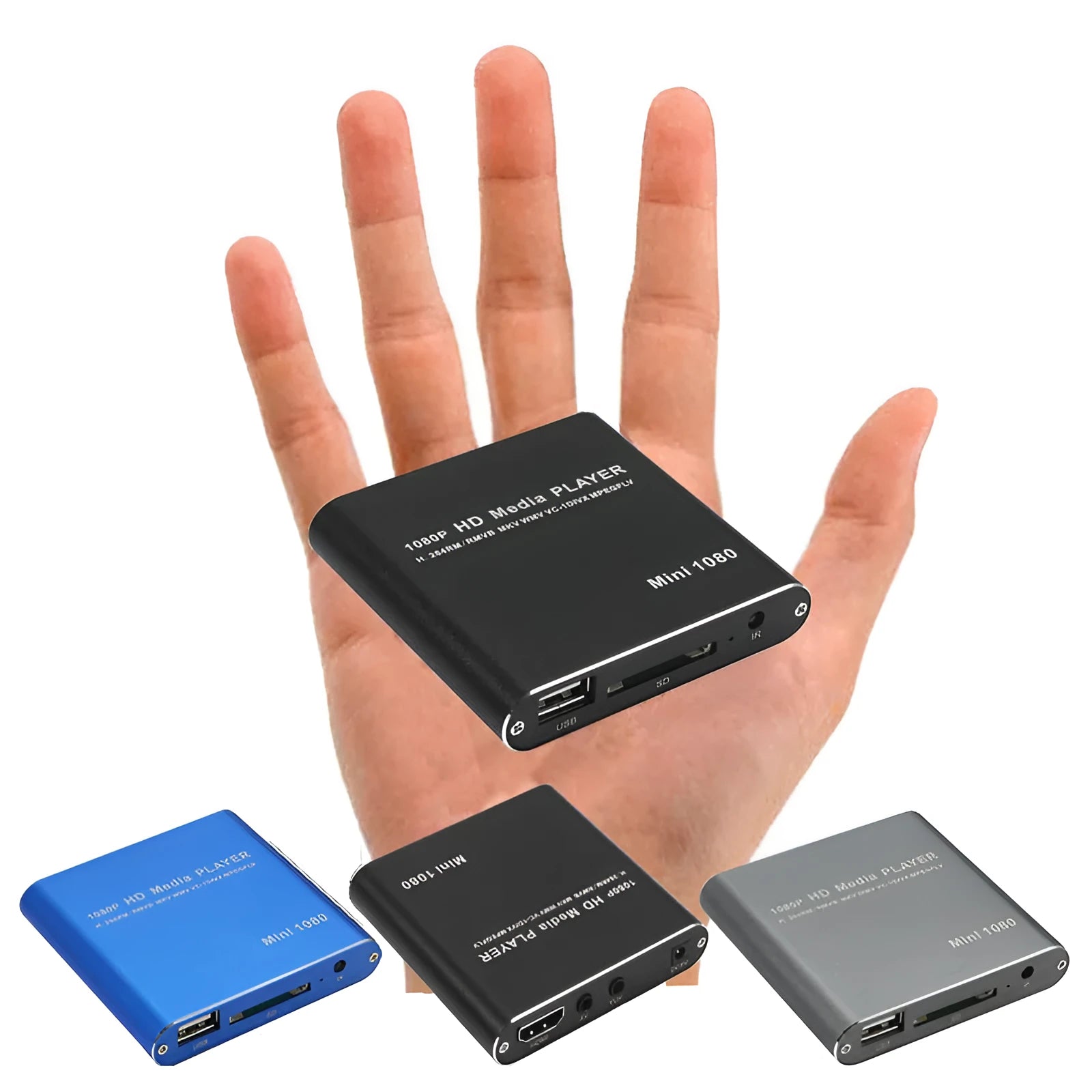 Compact blue and black 1080p Full HD media player with HDMI port and remote control