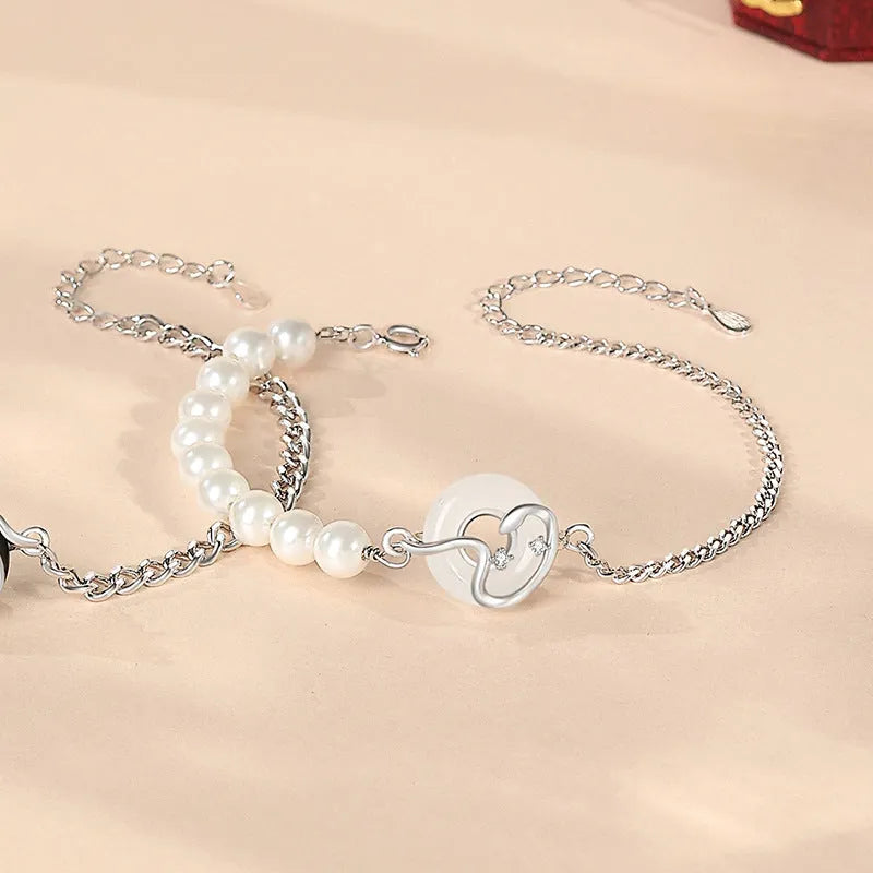 925 sterling silver couple bracelets with snake charms and safety buckle clasps