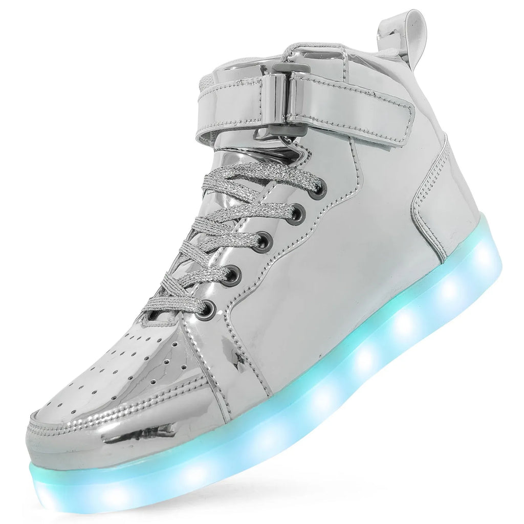 Unisex black LED high-top trainers with Velcro strap and glowing lights on the sole.
