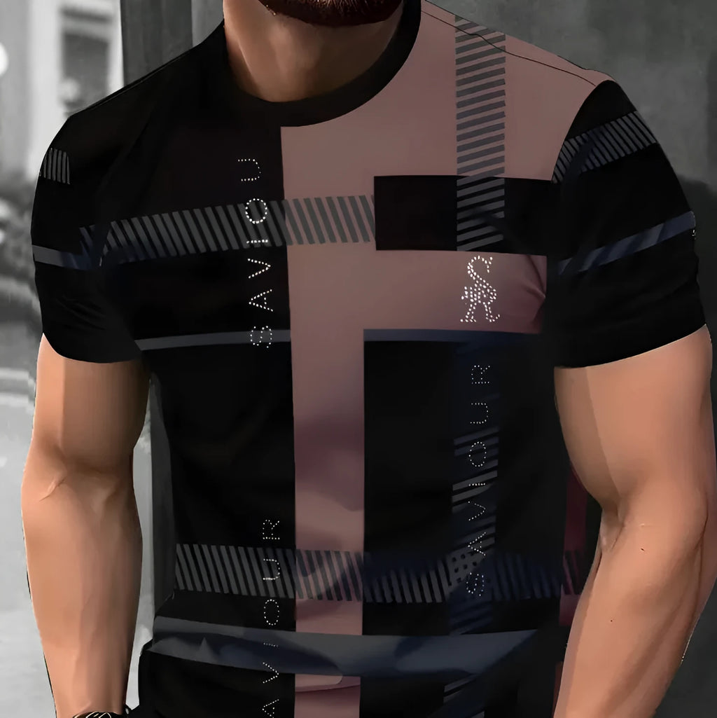 Men's short-sleeved striped t-shirt with digital 3D printing in loose business casual fit