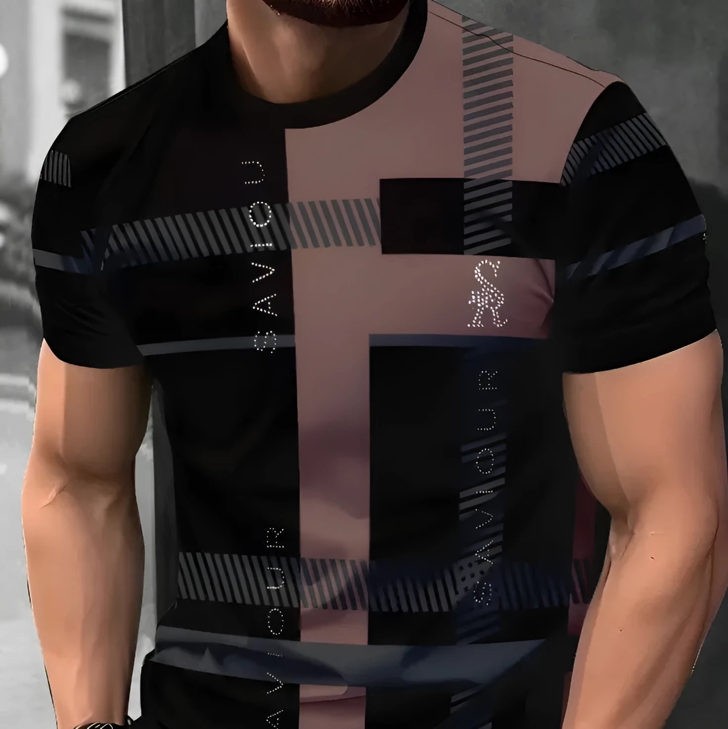 Men's short-sleeved striped t-shirt with digital 3D printing in loose business casual fit