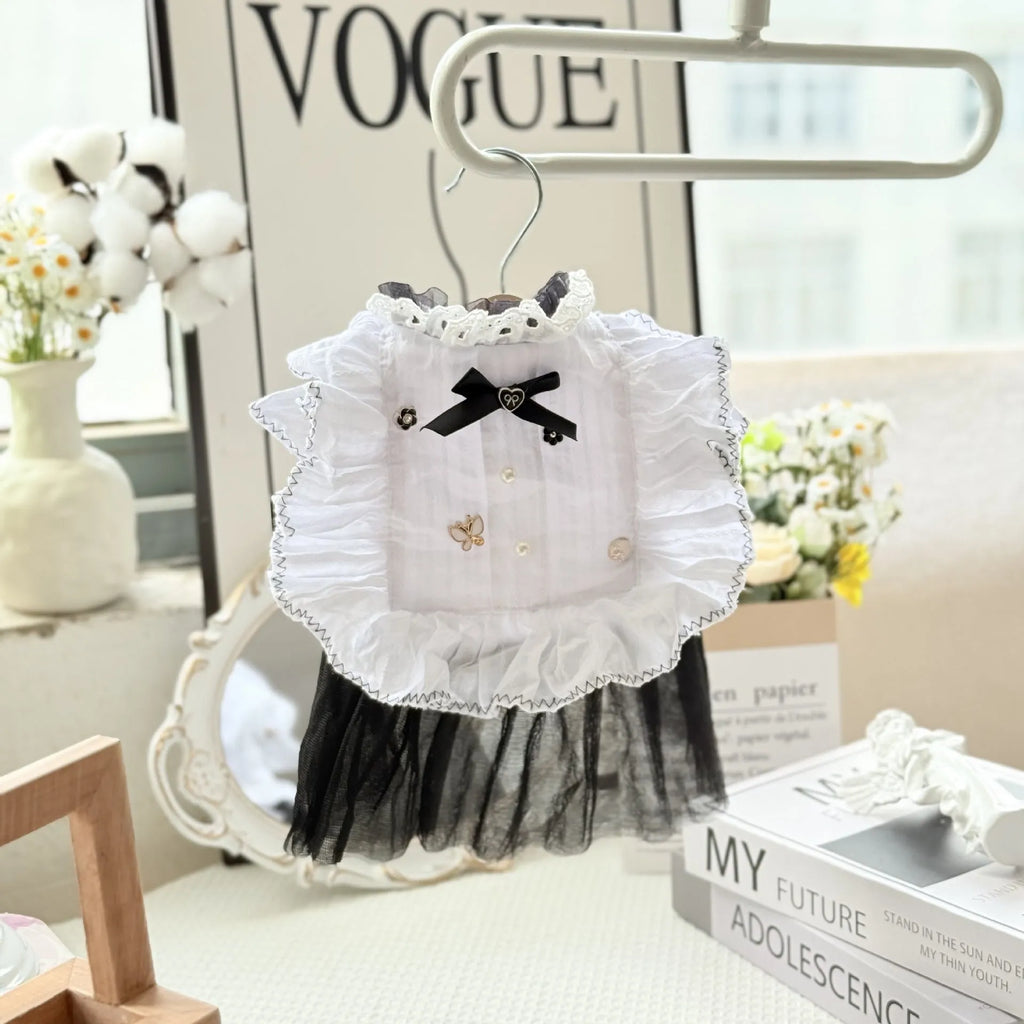White polyester dog dress with gauze skirt in princess style, shown in size options for small dogs