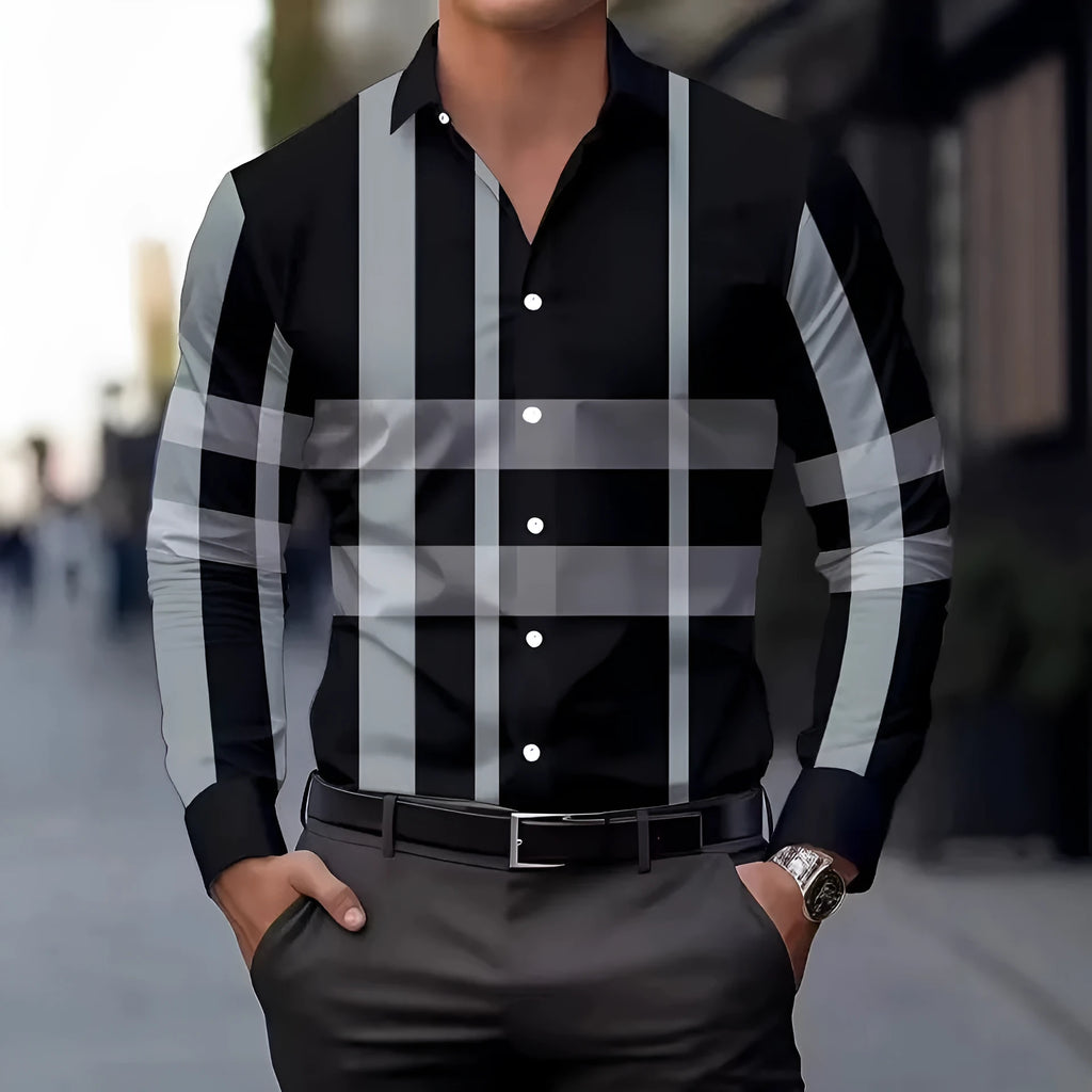Men's striped printed long sleeve button-up shirt in polyester available in multiple colours and sizes up to 5XL
