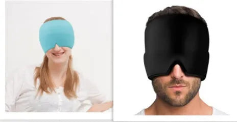 Black adjustable cold compress gel eye mask for headache relief on a plain background.