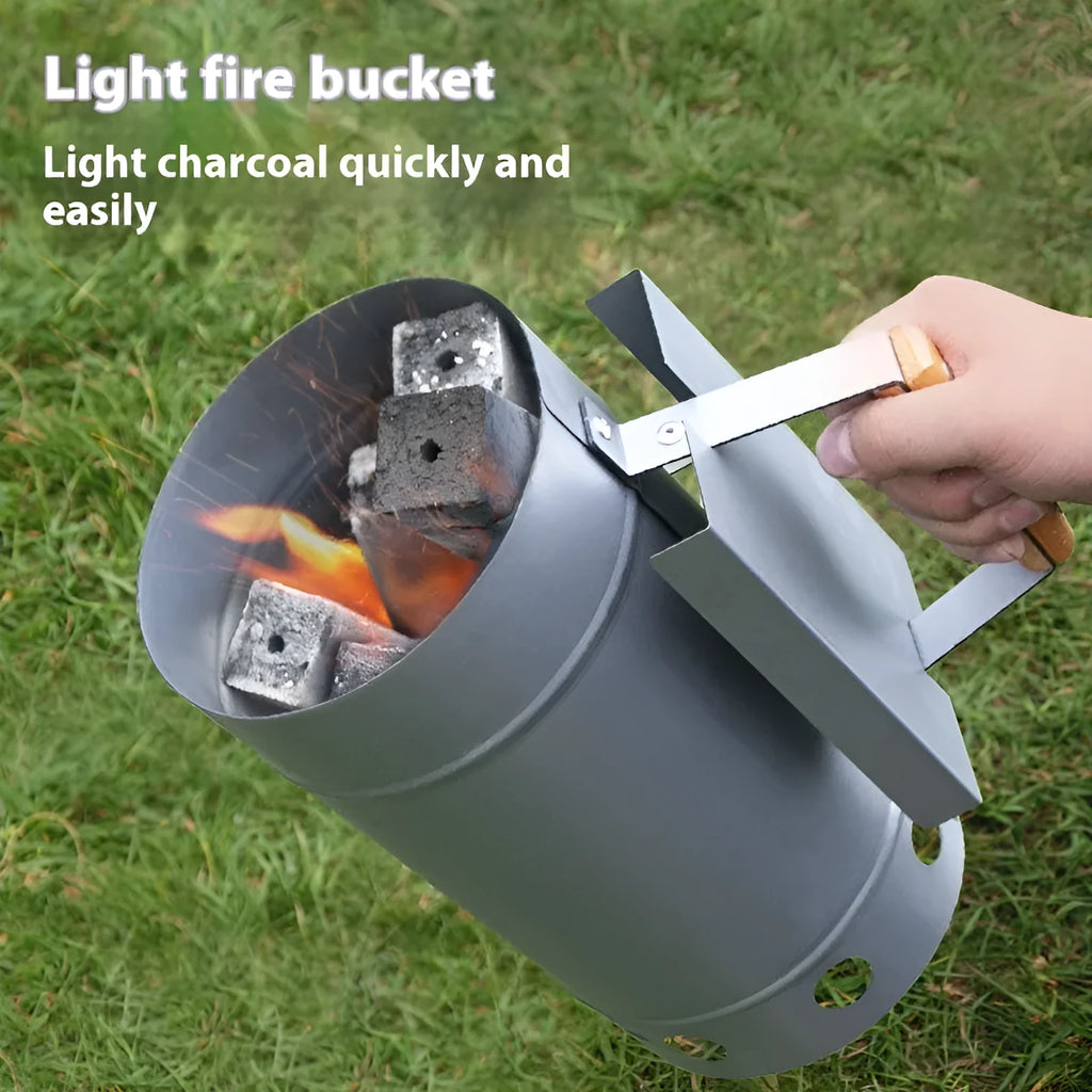 Outdoor barbecue charcoal fire igniter with zinc-iron alloy construction and carbon bucket style housing.