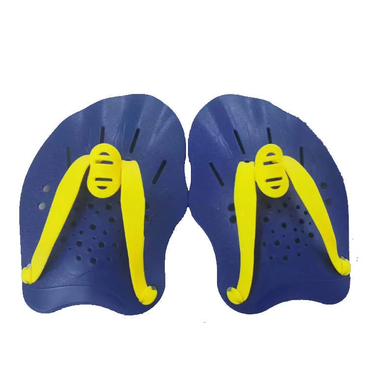 A pair of freestyle swim training paddles with hand webbing in multiple colour options on a blue background.