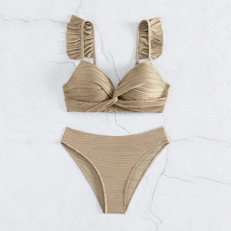 Women's solid colour bikini swimsuit in black or khaki made from polyester fibre