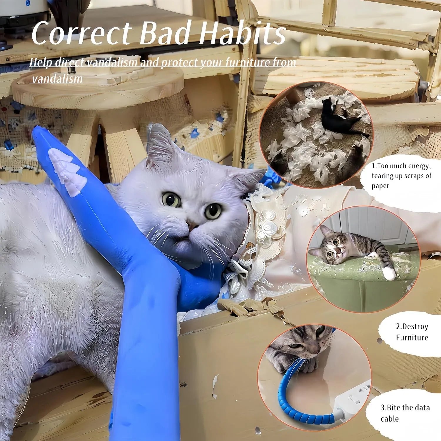 Blue plush cat wand toy with 70cm stick for interactive pet play