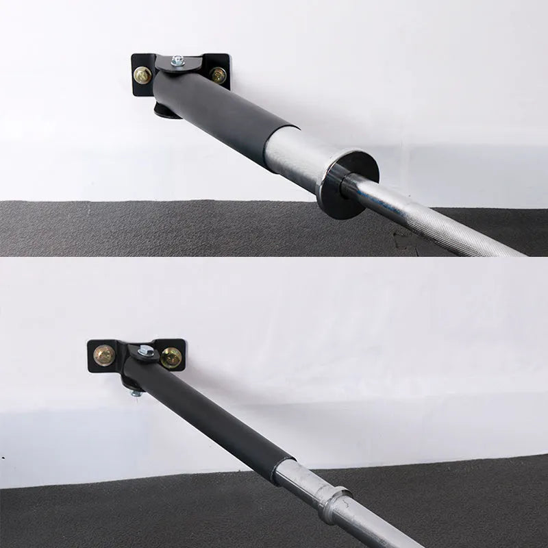 Steel wall-mounted barbell rack with 25 vertical tubes for shotgun barrel storage.
