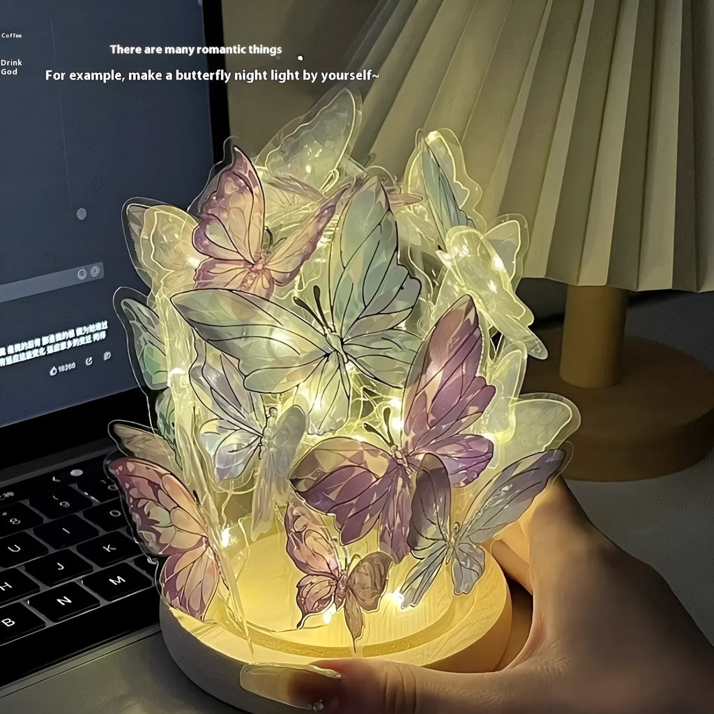 Butterfly-themed small night lamp with glass shade and raw wood base, 12x15 cm.