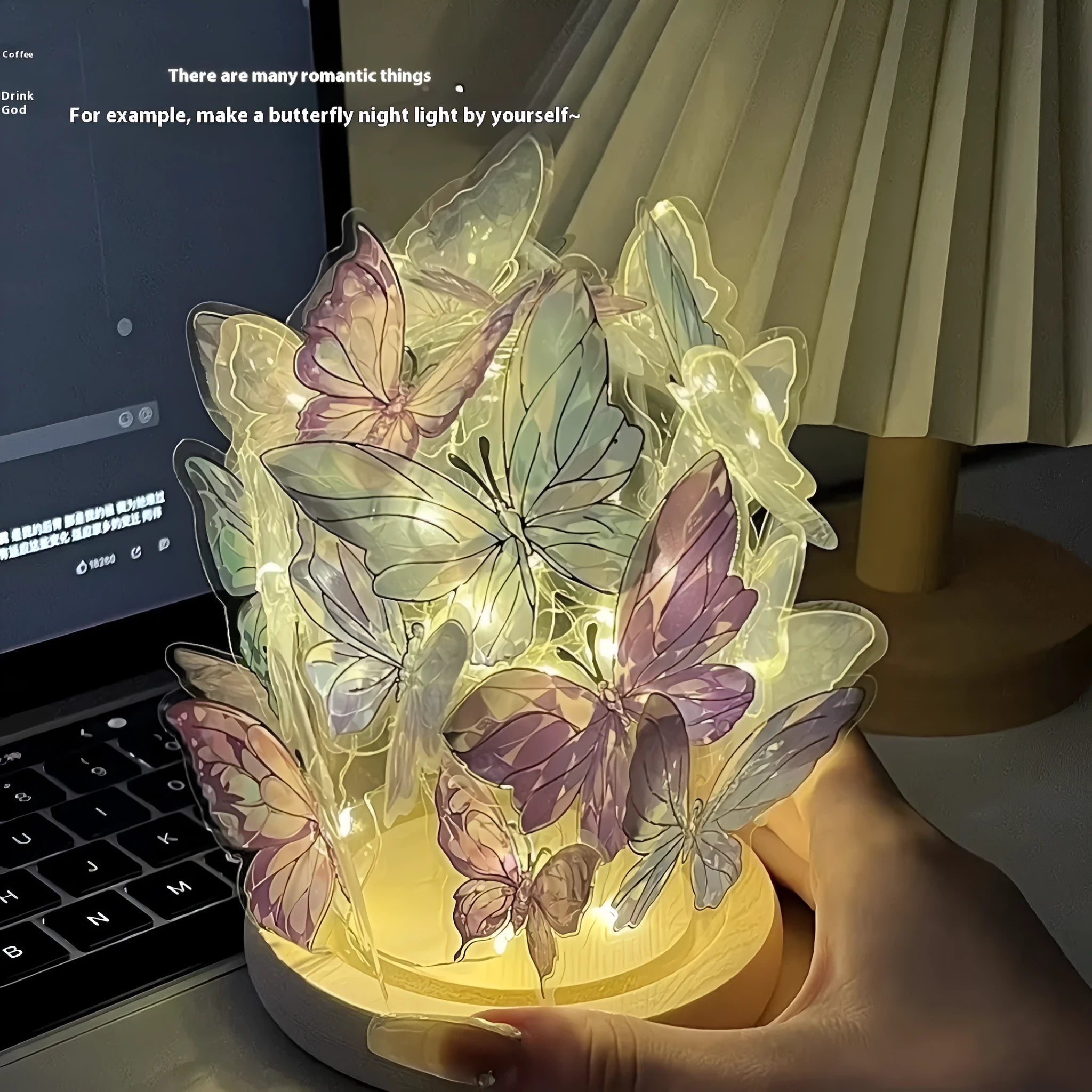 Butterfly-themed small night lamp with glass shade and raw wood base, 12x15 cm.