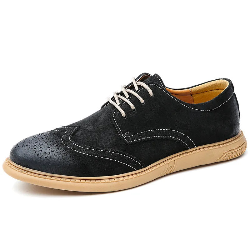 Men's black genuine cowhide business lace-up shoes with leather toe cap on a grey background.
