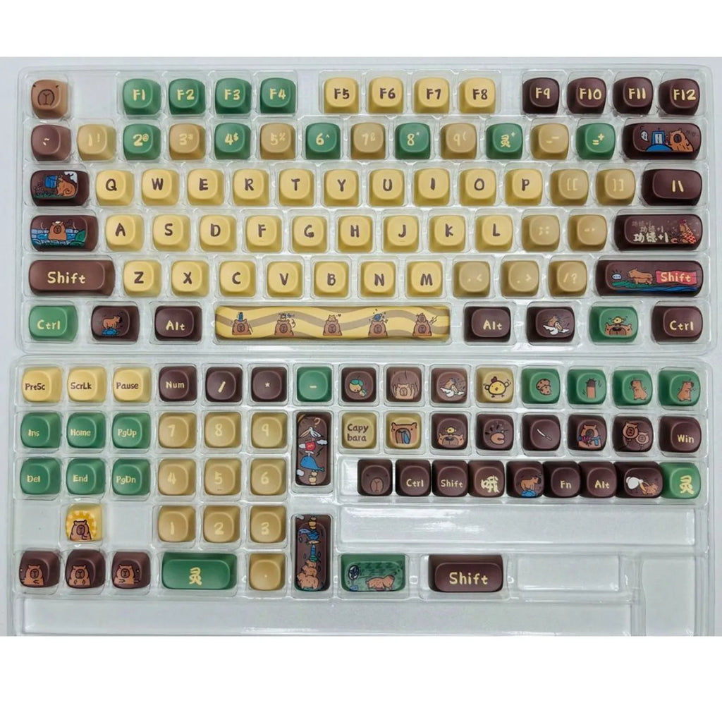 Capabala MOA profile mechanical keyboard keycap set with 130 colourful keys laid out.