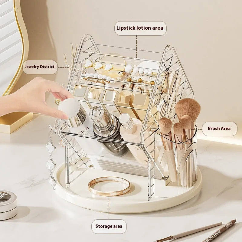Rotating cosmetics storage box in clear and amber gold colours showing 360-degree rotation mechanism