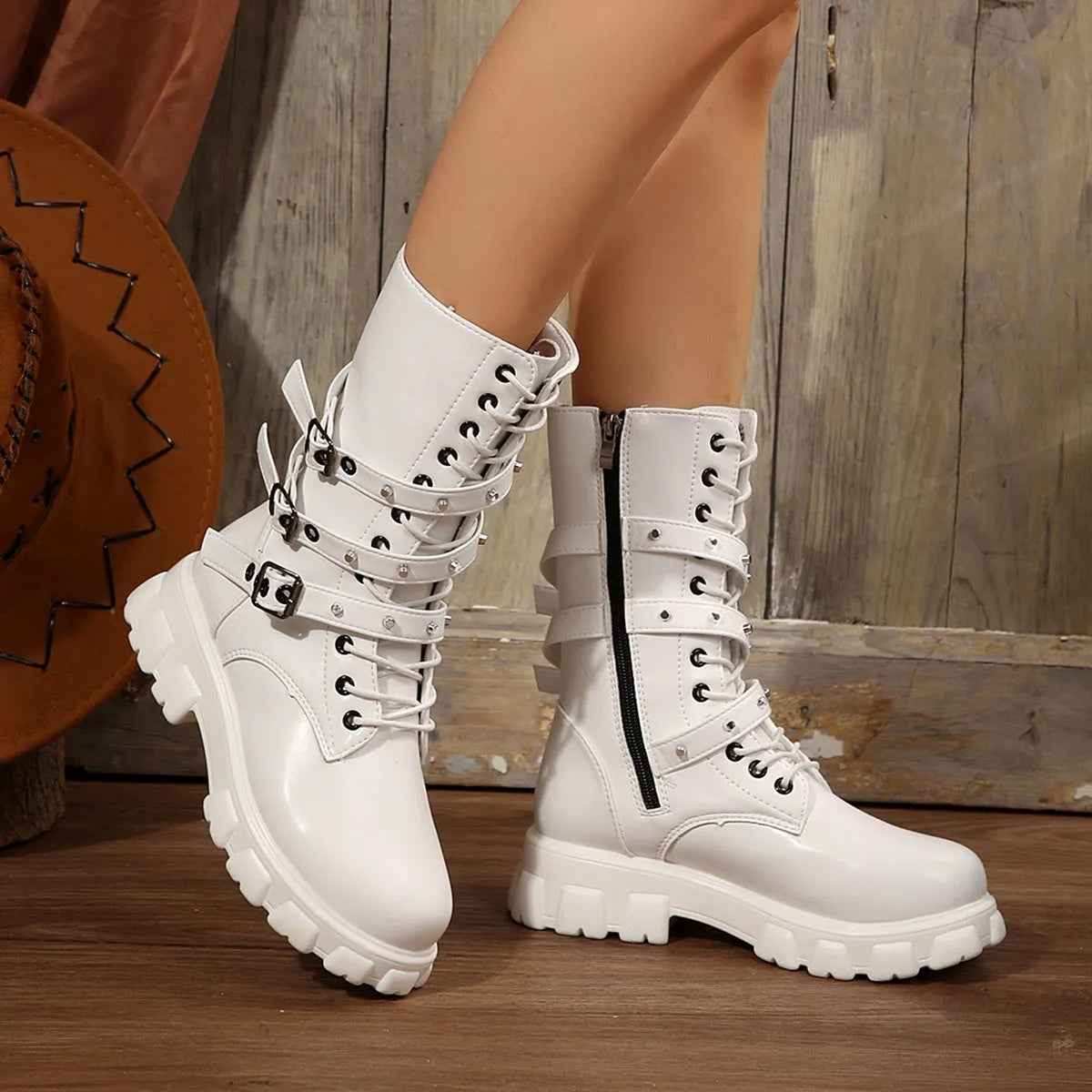 Women's black mid-calf knight boots with side zipper and metal buckle on artificial PU upper