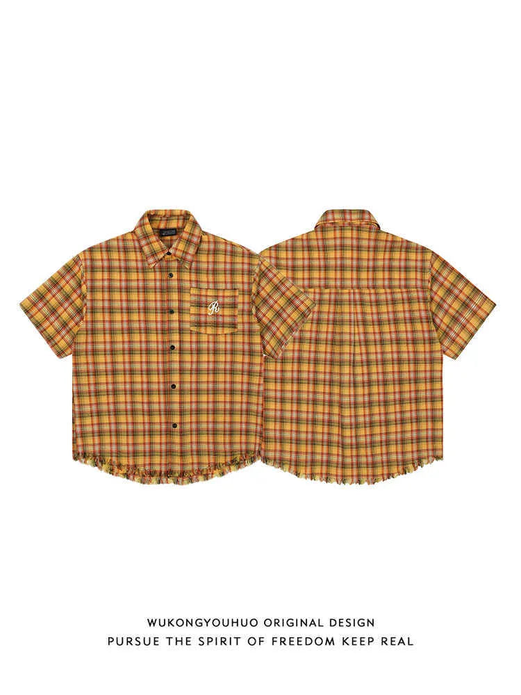 Yellow grid pattern short sleeve plaid shirt with embroidery pocket detail in loose fit