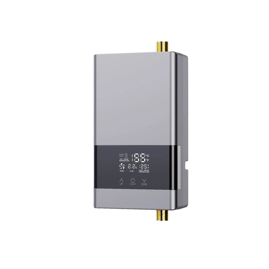 Gold and white instant electric water heater with LED touch screen and cast aluminum body for kitchen and shower use