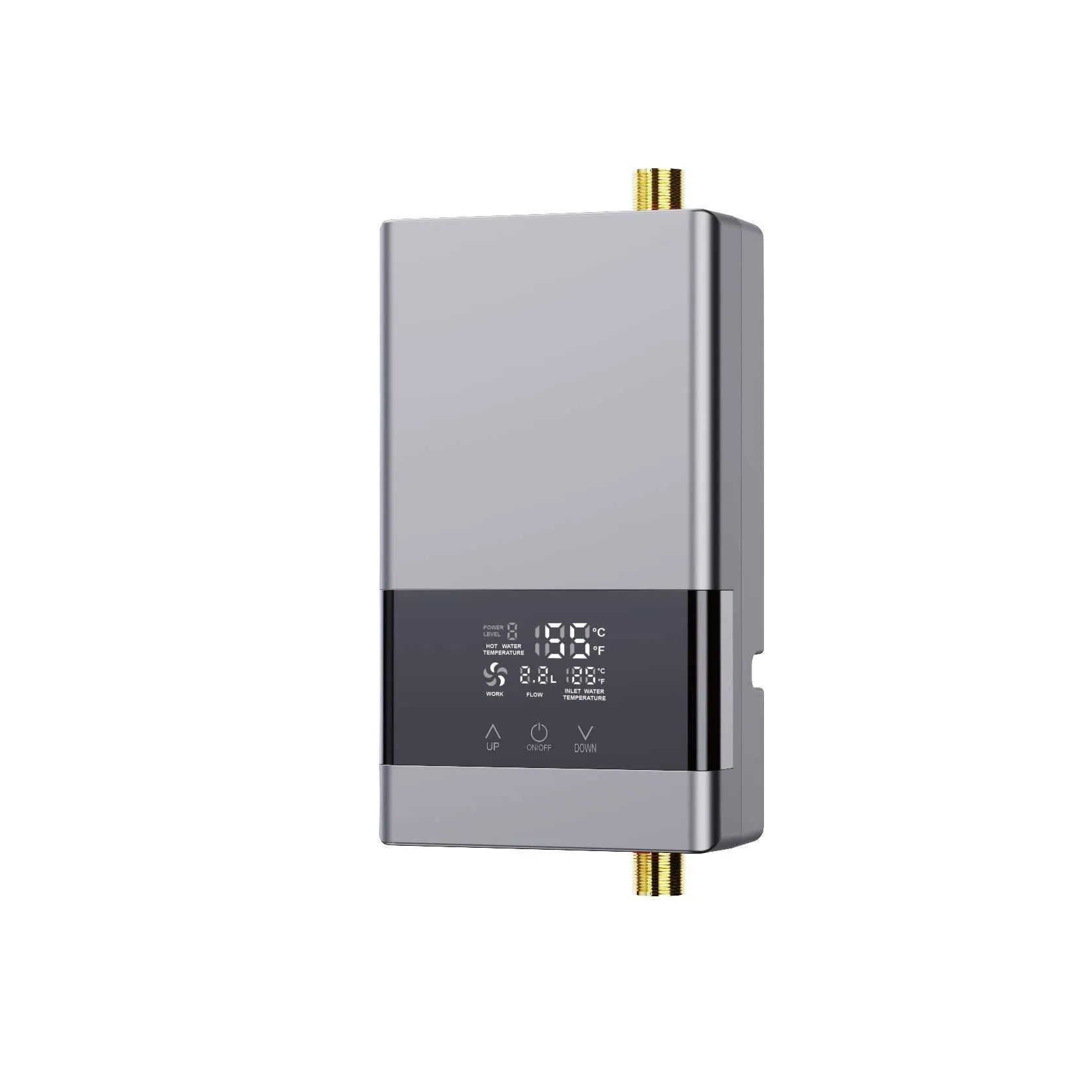 Gold and white instant electric water heater with LED touch screen and cast aluminum body for kitchen and shower use