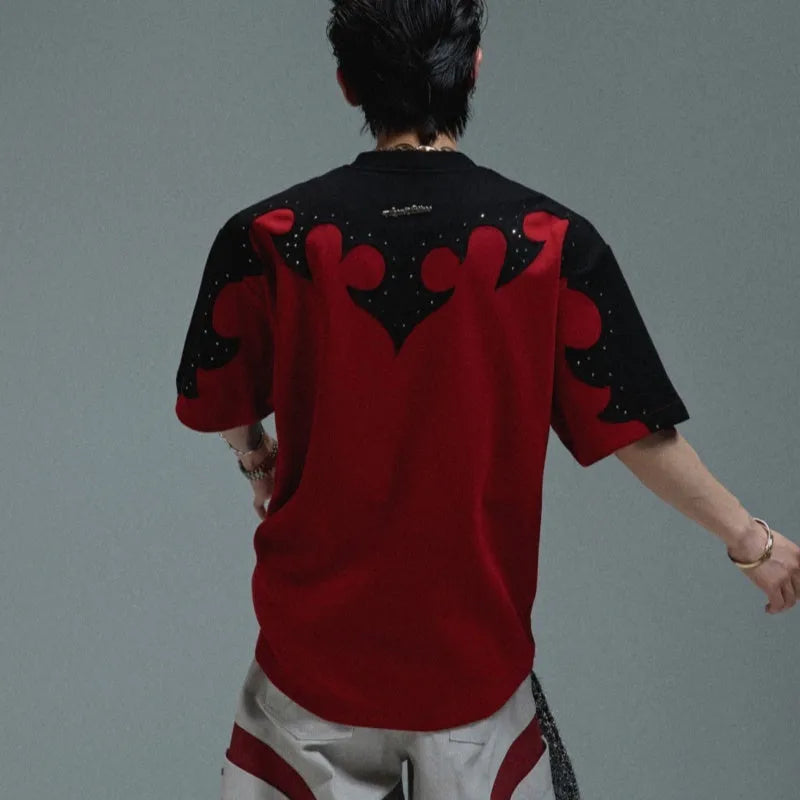 Men's grey cotton t-shirt with three-dimensional stitching and burnt flower rhinestone design