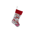 Red and white flamingo print cloth Christmas stocking hanging decoratively.