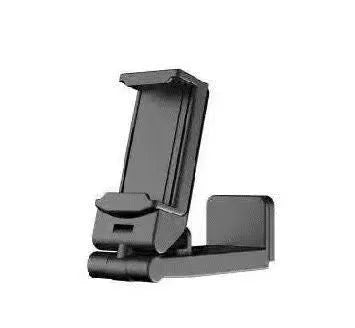 Black foldable rotating phone holder holding a mobile phone upright on a desk.