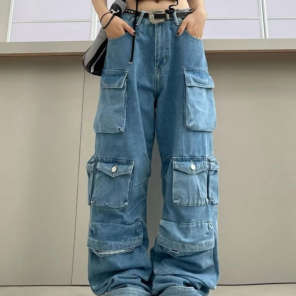 Women's blue tie-dyed high waist wide leg denim trousers with multiple pockets and elastic waistband