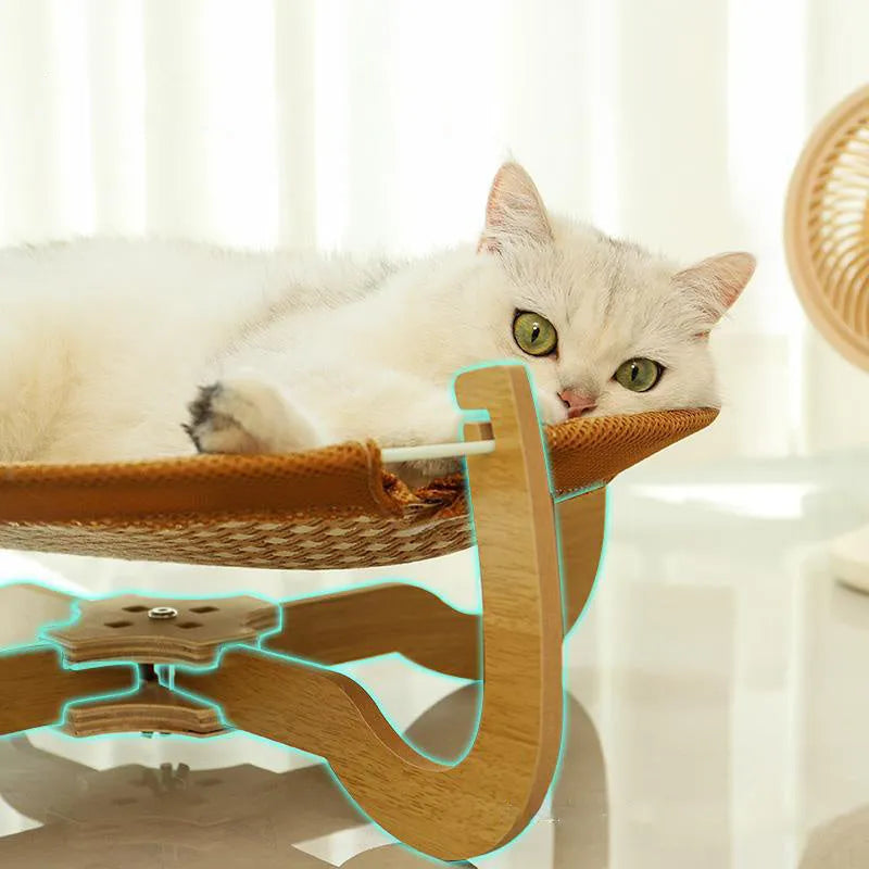 Brown woven rattan pet hammock bed measuring 46cm square raised off the ground