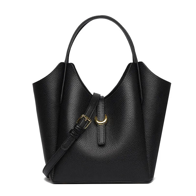 Women's genuine leather bucket handbag in four colours with file compartment and retro sewing details