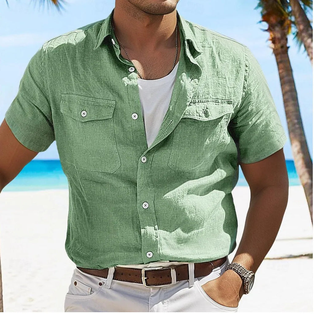 Men's linen summer shirt with polo collar in cotton fabric, shown in solid colour options