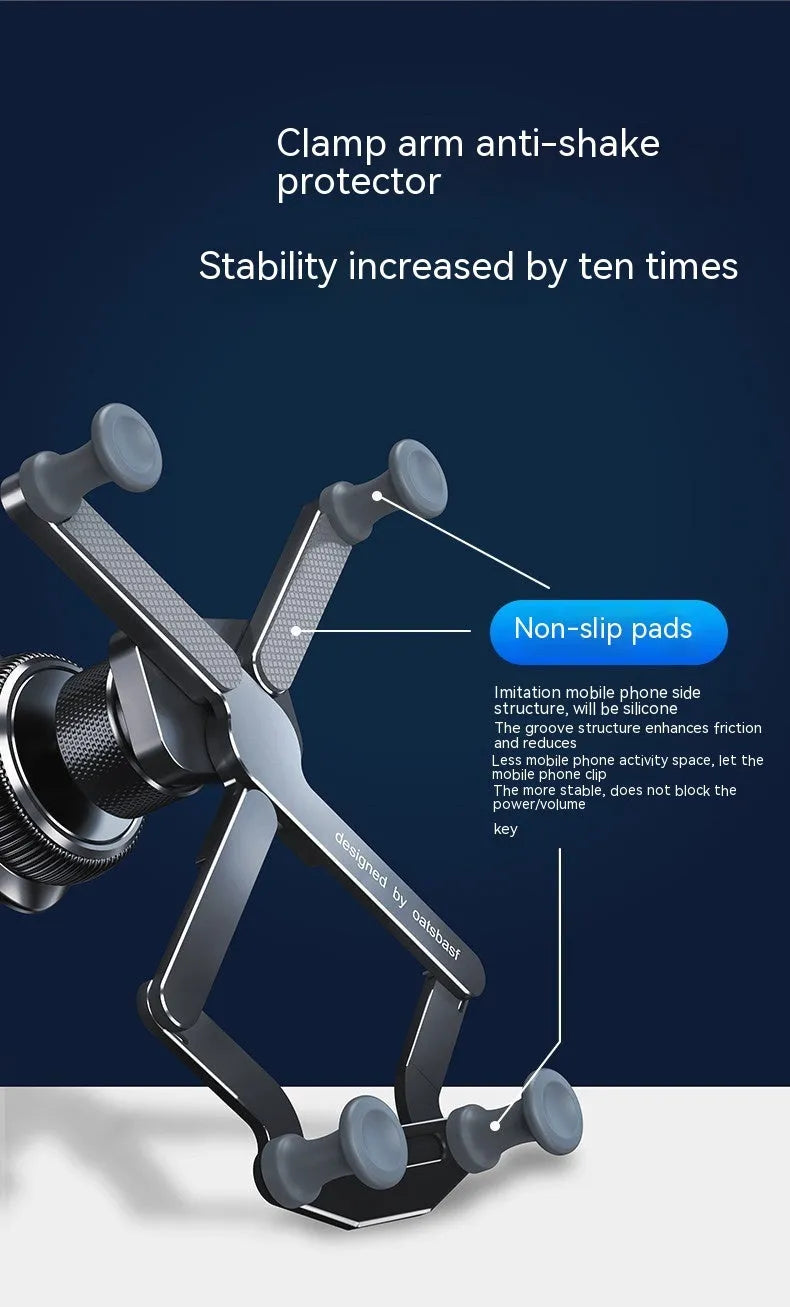 Aluminium alloy car phone mount with silicone grips shown attached to vehicle air vent