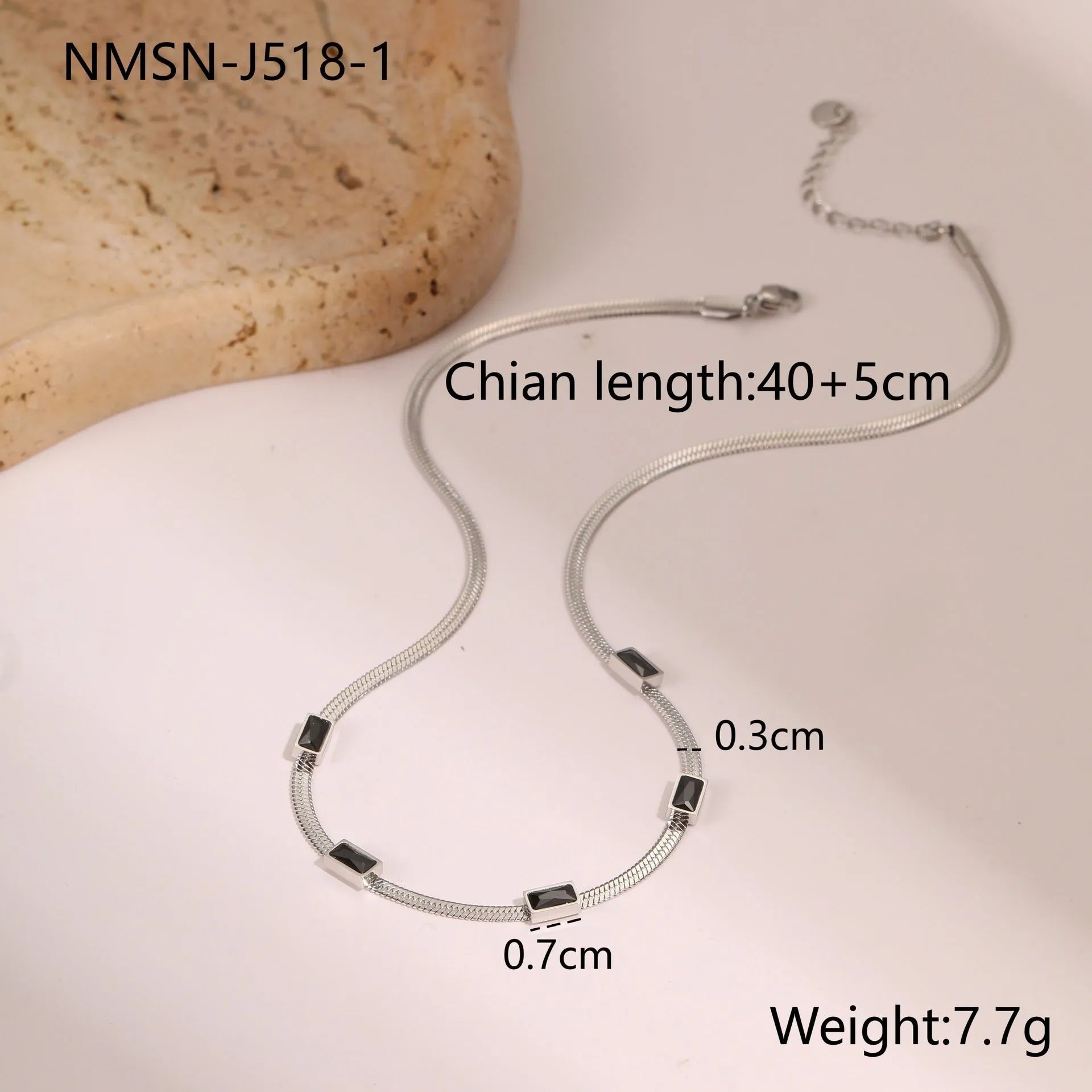 Retro geometric square zircon necklace in stainless steel with gold electroplating and flat snake-like chain links