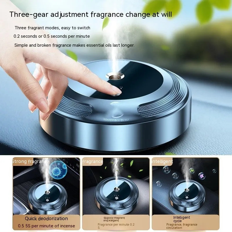 Zinc alloy automatic car perfume dispenser with 89mm metal body and fragrance refill bottles on vehicle dashboard