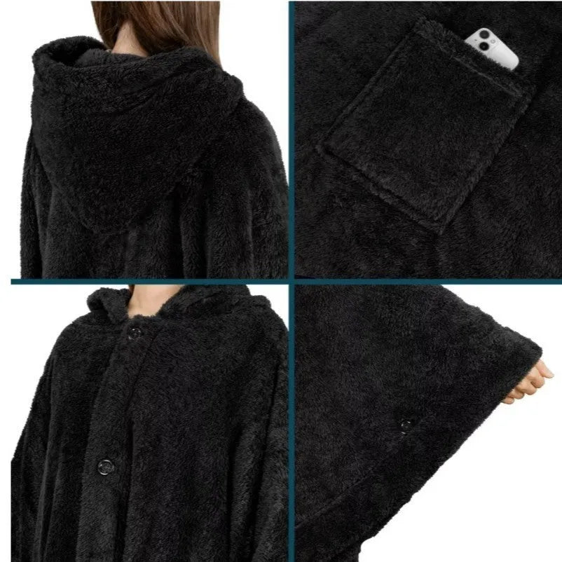 A hooded long sleeve bathrobe in super thick polyester fabric, shown in a cardigan style.