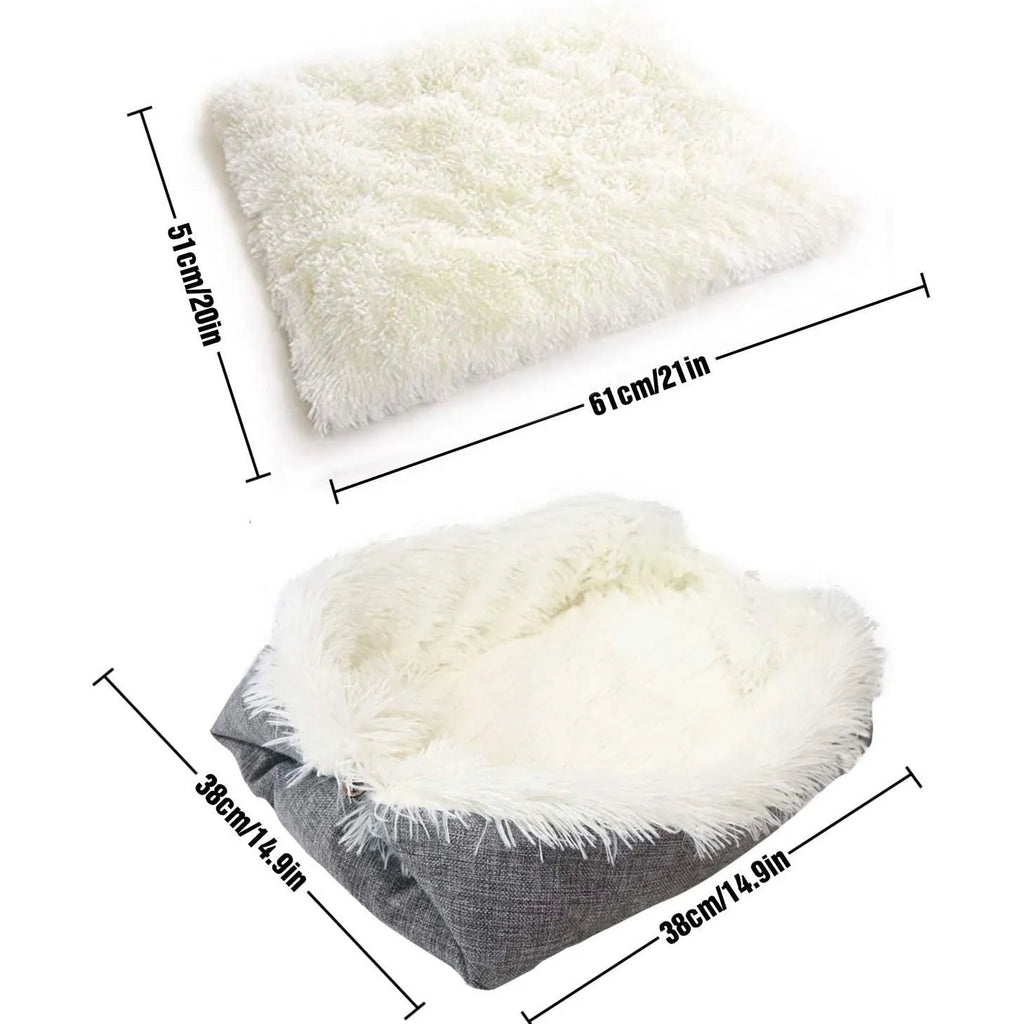 Grey and white plush pet blanket nest with non-slip black bottom for cats and dogs.